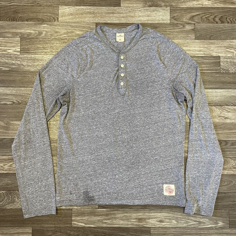Hollister Henley Button Long Sleeve Shirt Men’s XL Solid Gray Spelled Out